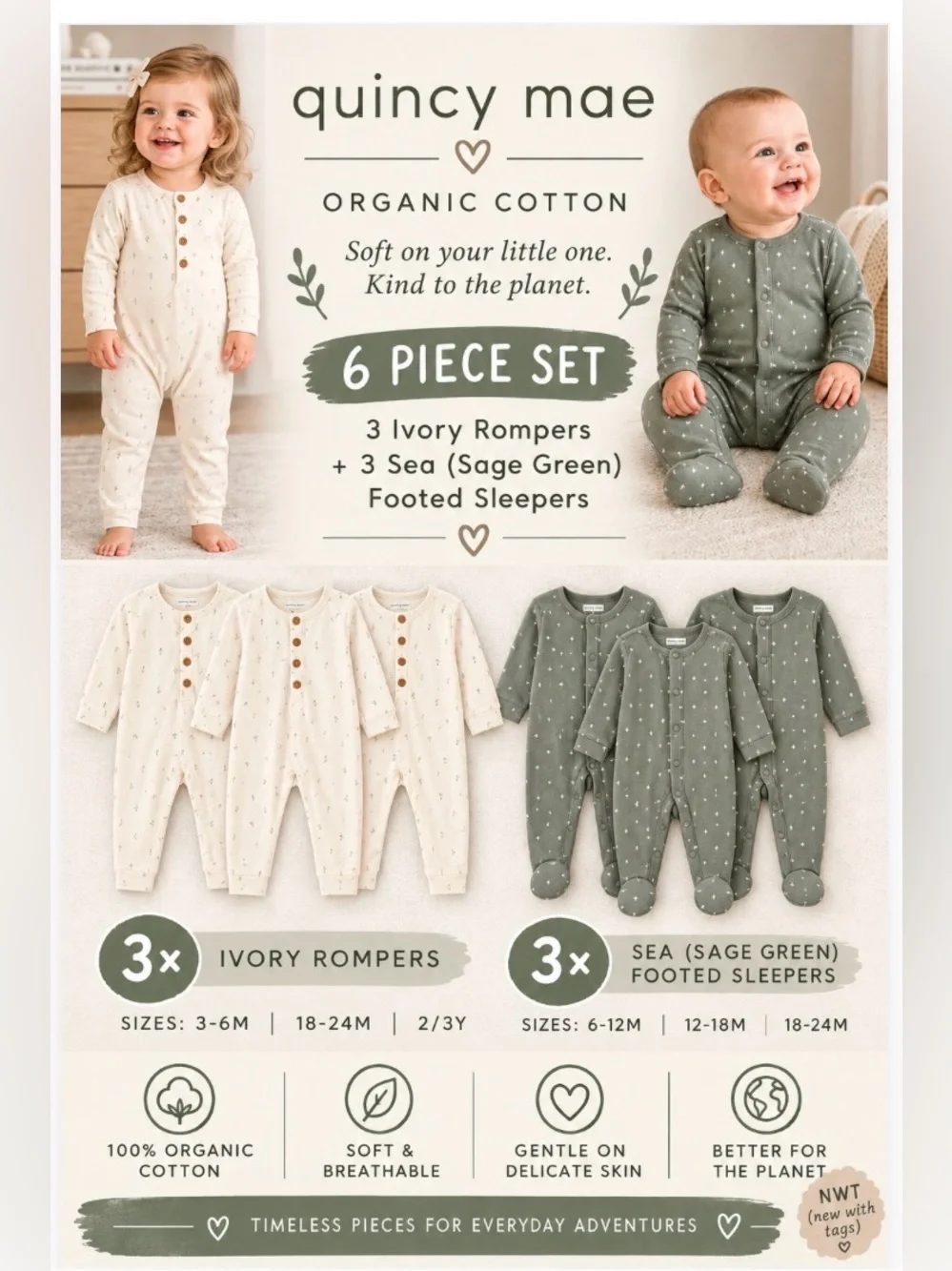 6 Pc Quincy Mae NWT Gift Set, Sizes: 3-6M to 2/3Y, Organic Cotton, Value Bundle